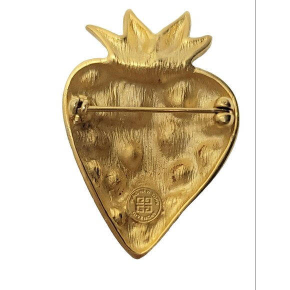 Givenchy Gold-Tone Red Rhinestone Green Enamel Leaf Strawberry Brooch, Signed - Picture 7 of 9
